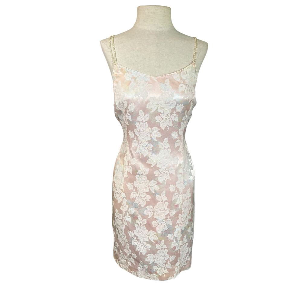 Ethereal‎ Fairy Pink Vintage Brocade Mini Dress Satin L Pearl Straps Feminine - Picture 3 of 16